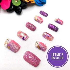 Press on Nails Glue On Mermaid Pink Purple Square